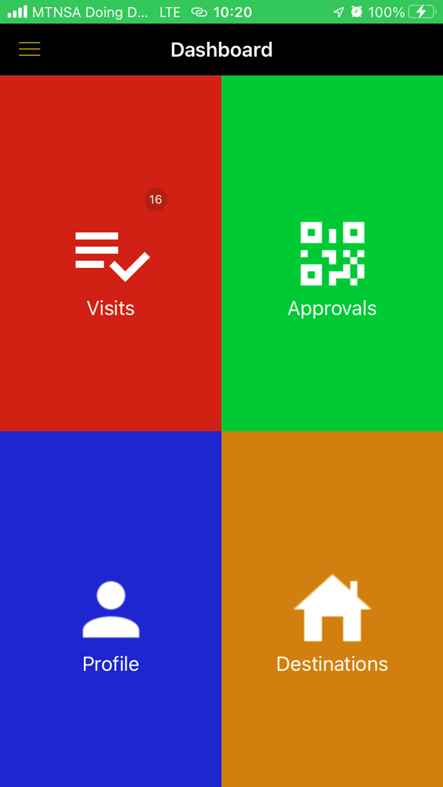 Charlie dashboard with Visits, Approvals, Profile and Destinations
