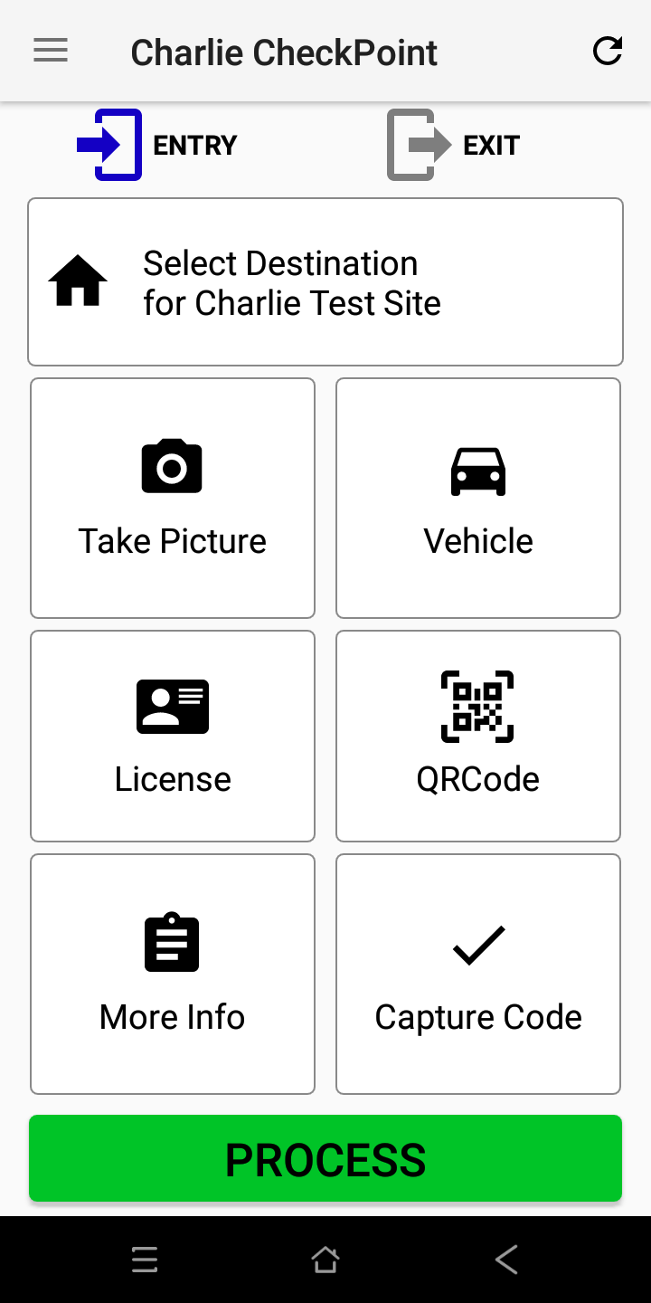 Checkpoint entry screen with photo, vehicle, licence and QR options